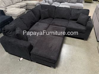 New 113” Sectional Sofa And Ottoman, Sectional Couch, Black Couch, Chenille Black Couch, Sofa, Reversible Sectional Chaise, Plush Sofa With USB Ports