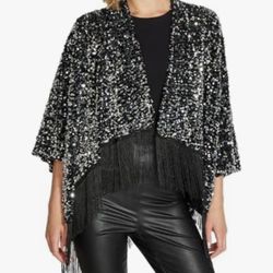 STEVE MADDEN Women's Sequin Fringe Crop Ruana Jacket Free Size
