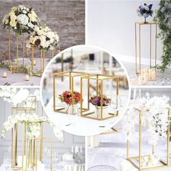  2 40" Matte Gold Wedding Flower Stand Metal Vase Column Stand Geometric Centerpiece Vase