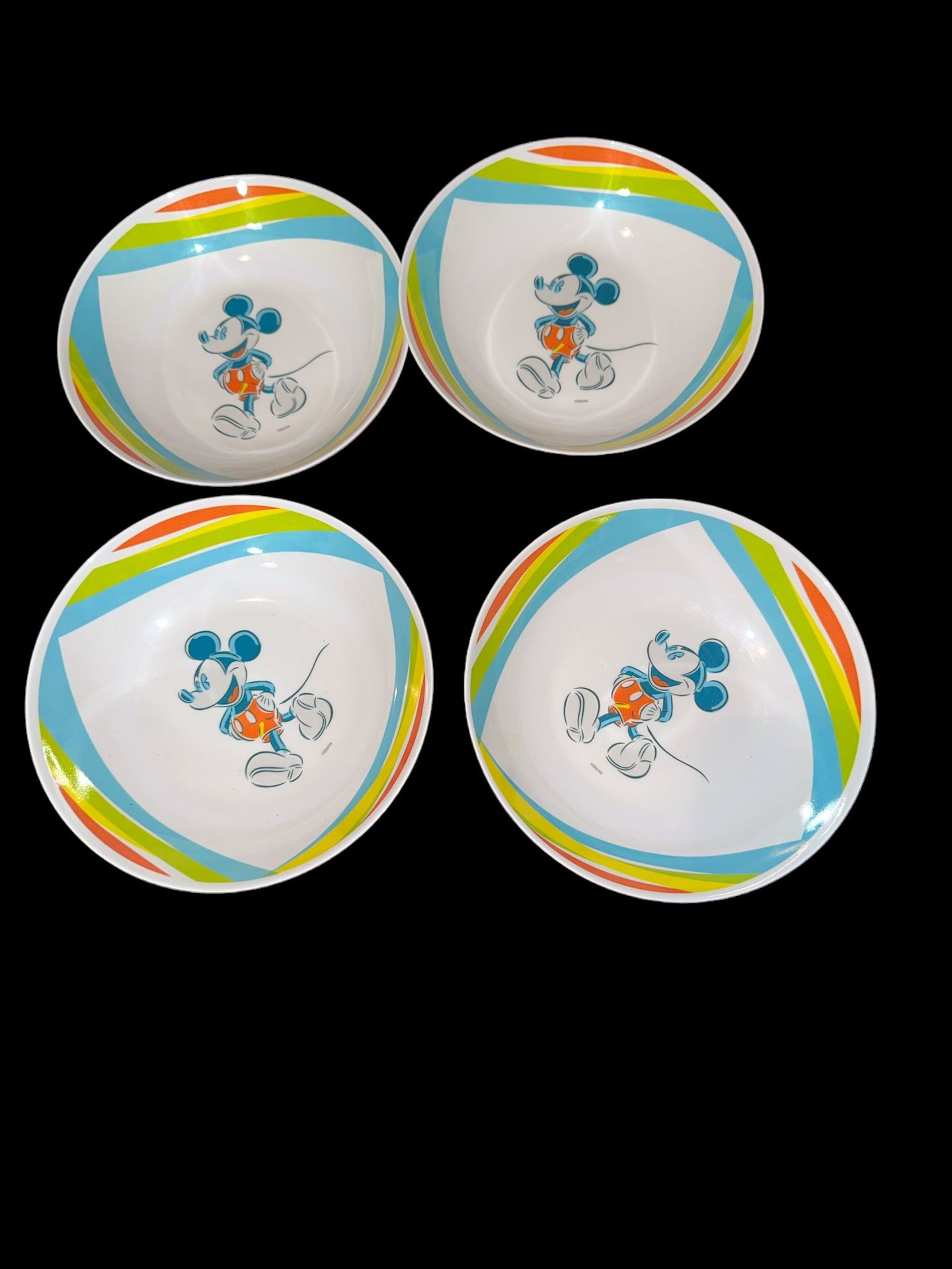 Vintage Trudeau 4 pc set Plastic Child's Mickey Mouse Bowl. Mickey Mouse jumping rope; Made in U.S.A.; Walt Disney Productions. 6.5”across x 1 3/8" ta