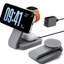 3 in 1 Foldable Wireless Charging Station for MagSafe, Nightstand Magnetic Charger Stand for iPhone 17 16 15 14 Pro Max, Travel Charging Dock with Nig