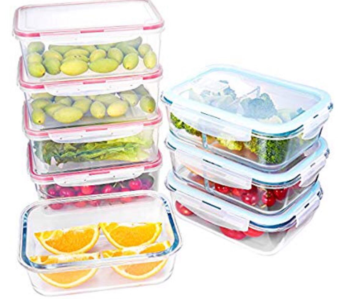 Plastic and Glass Food Containers with lids 8 Pack,Airtight Leak Proof Easy Snap Lock, BPA Free,FDA Approved,Set for Lunch Containers Kitchen Use,Mic