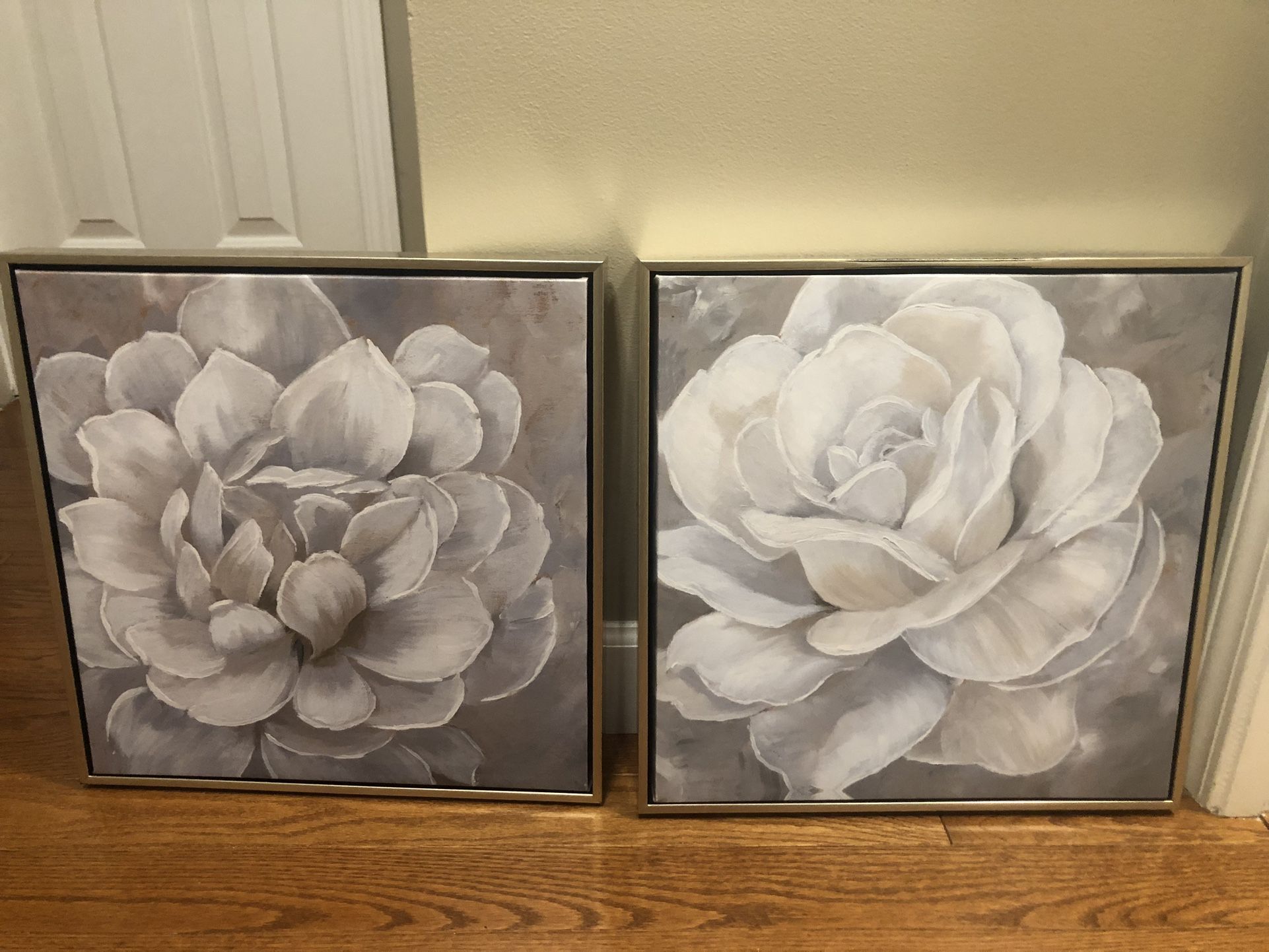 Set Of 2 White Floral Canvas Painting Art Decor For Wall, Gold frame, I Bought This Last Year And Decided To Redecorate. Size is 17”x17” each $30 For 