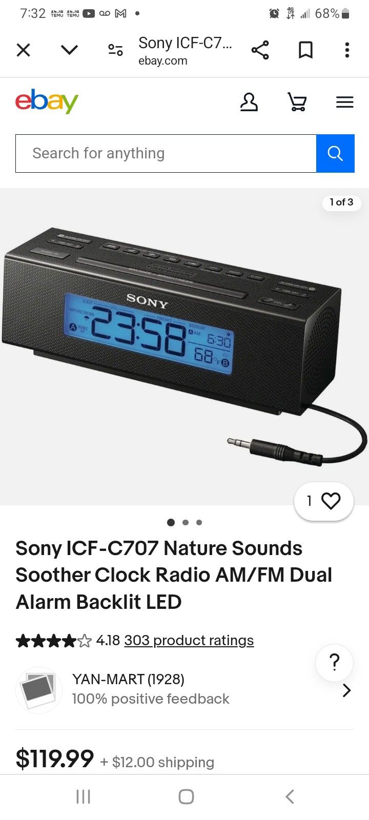 Sony ICF- C707 Nature Sounds Soother Clock Radio AM/ Fm Dual Alarm Backlit Led