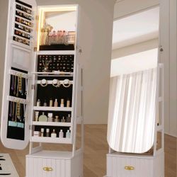 3-in-1 360 Swivel Jewelry Cabinet with LED Light, Lockable Jewelrv Mirror Cabinet, Standing Jewelry Armoire, Frameless Full-Length Mirror, 3 Storage S