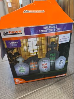 Airflowz Halloween 6ft Long Inflatable Tombstone Scene with Flashing Lights
