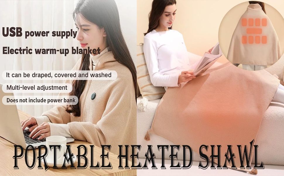 Portable Heated Shawl Power bank Operated, Soft Zipper Heated blanket Wraps