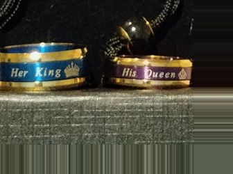 Couples Rings "His Queen" and "Her King" Necklaces