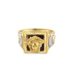 10k Yellow Gold Signet Ring with Onyx Cabochon and Medusa Motif