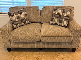 Beige Striped Fabric Loveseat with Throw Pillows