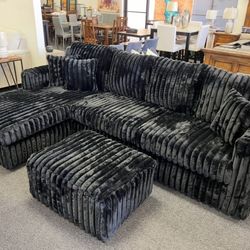 Black Corduroy Sectional Couch With Ottoman