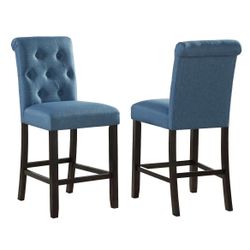 Roundhill Furniture Hendley Solid Wood Tufted Counter Height Stools, Blue