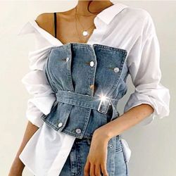 NWT, Lavishly Paris Import Luxury Double Breasted Patched Denim Corset.