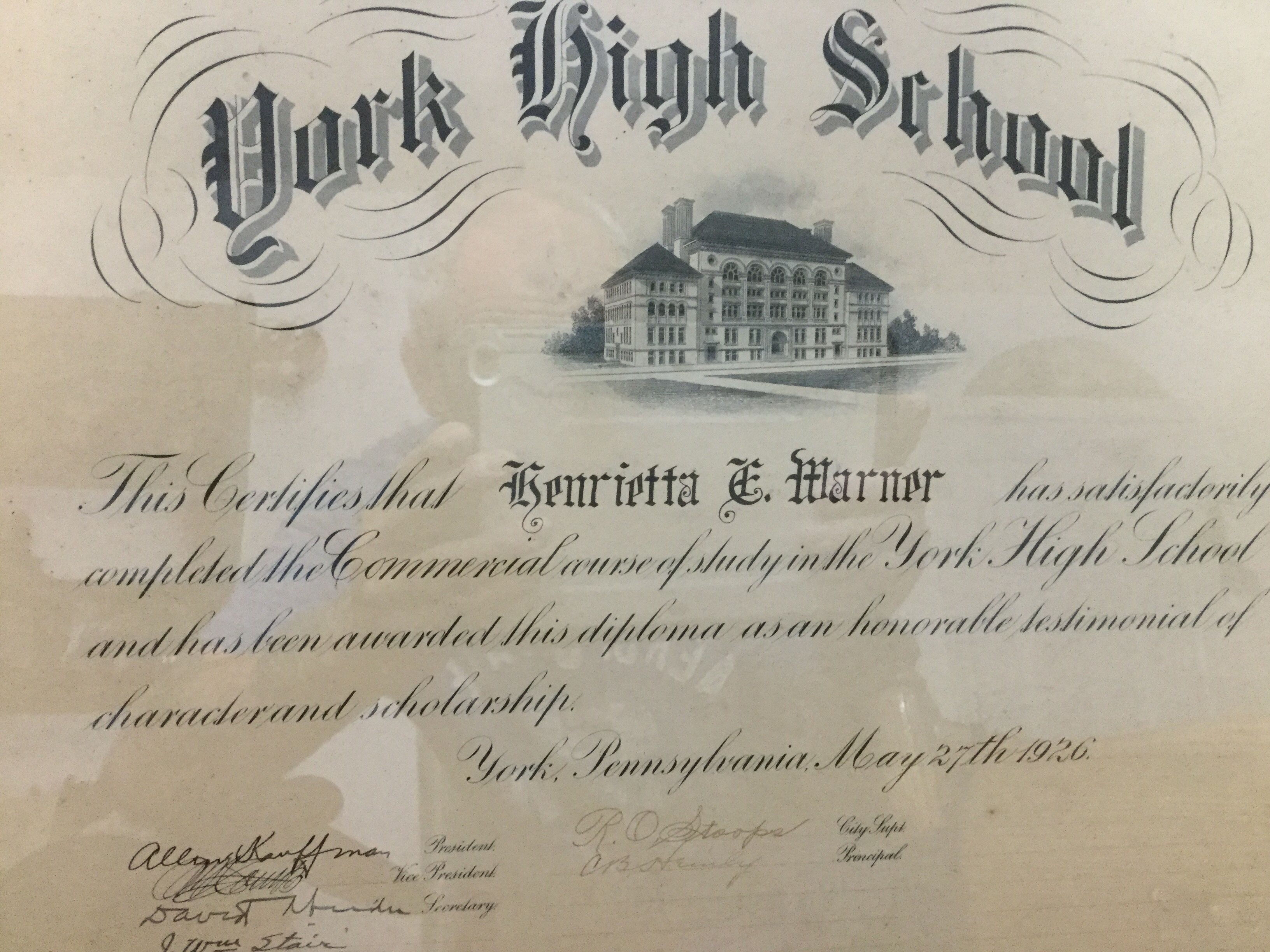 1926 York High School Diploma