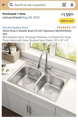 NEW Quikore 33” 18-Gauge Stainless Steel Double Bowl Kitchen Sink
