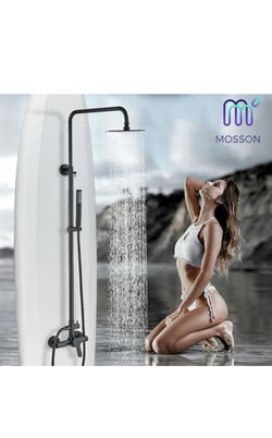 MOSSON Shower System Matte Black Outdoor Shower Fixtures with 8" Rain Shower Head Handheld Sprayer Single Handle 304 Stainless Steel Wall Mounted Show