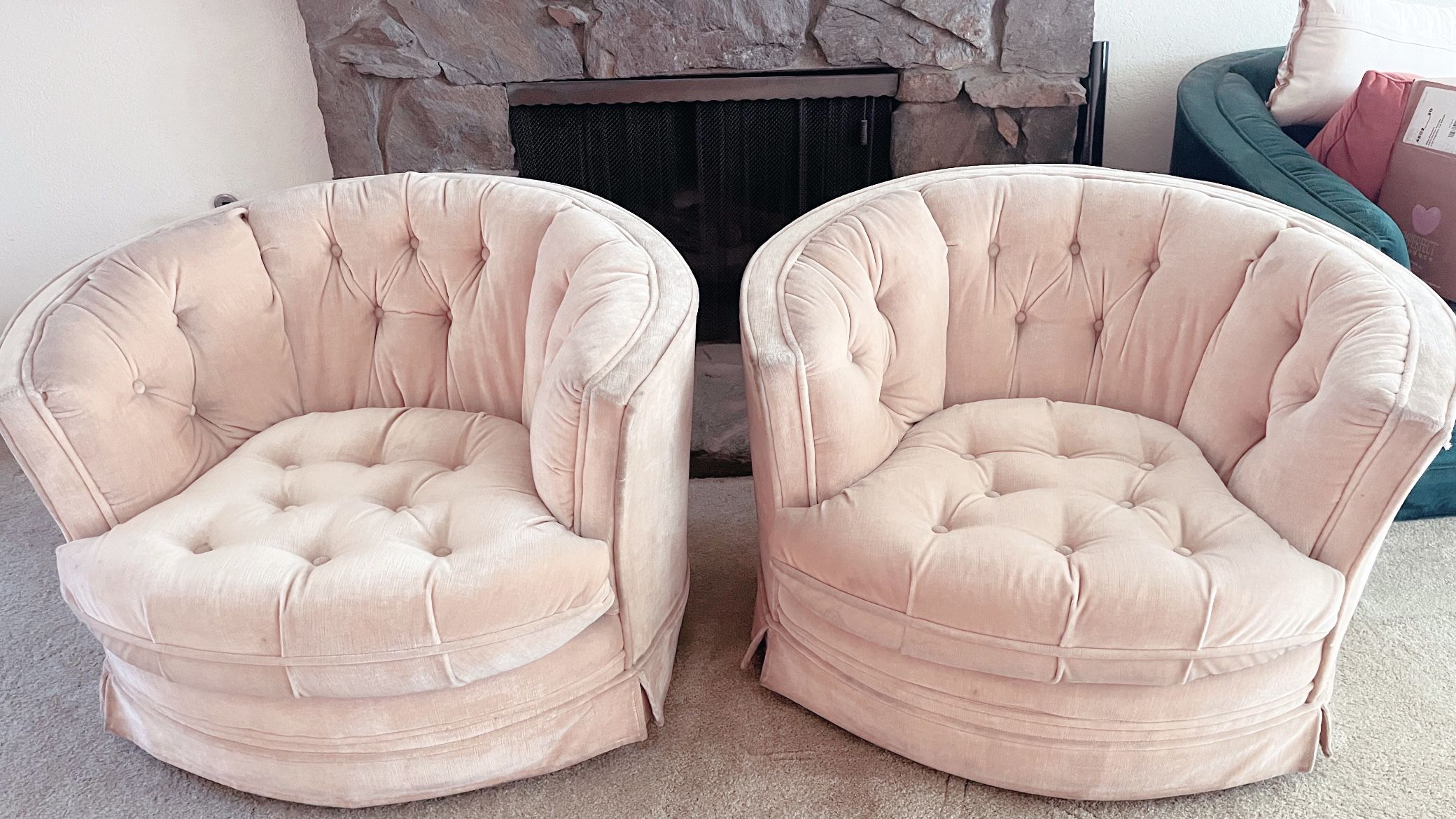 Hollywood Regency Vintage Tufted Barrel Swivel Lounge Chairs 