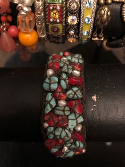 Hand made turquoise, pearl, red stone bracelet