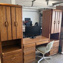 Complete Workspace for Child w/ Oak Bookshelves, Computer Desk & Chair, and HD Monitor