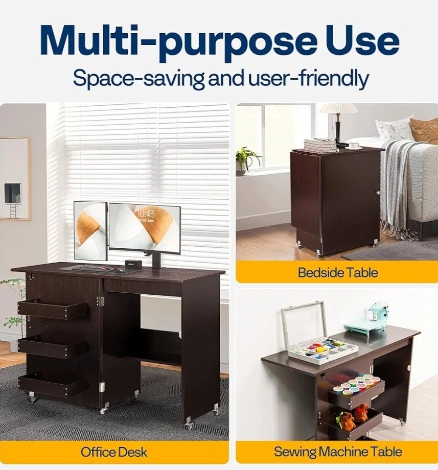 Folding Sewing Craft Table, Rolling Sewing Machine Desk with