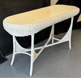 Vintage Wicker Console Table – Shabby Chic/Coastal 62" Wood Top– Dearing Antiques