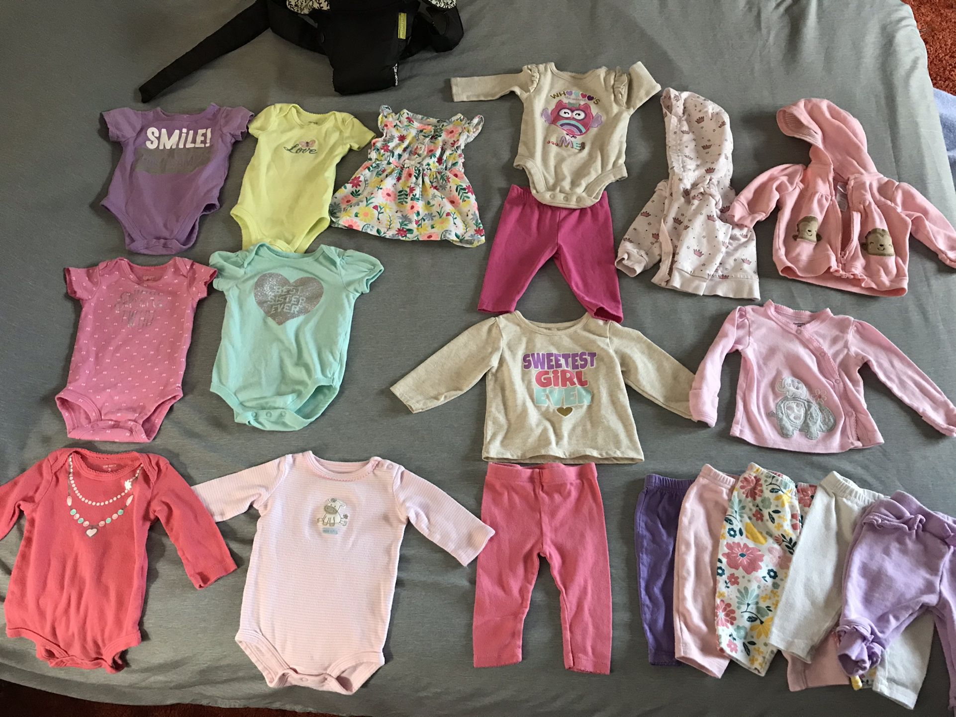 Baby Girl Clothing Lot ( at Least 30 Pieces) Sizes 0-3 And 3 Months with Infantino Baby Carrier