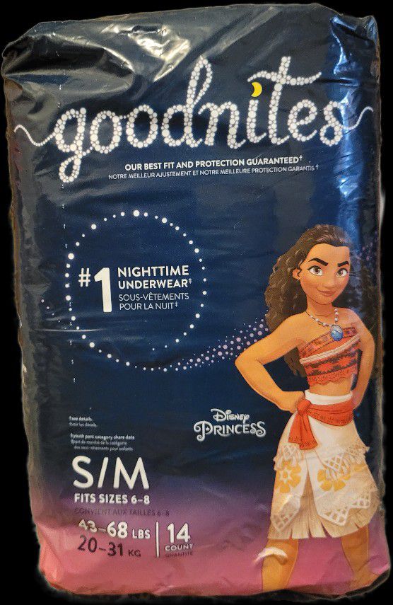 Brand New Goodnites Disney Princess Moana Night Time Underwear  Size S/M 14 Count