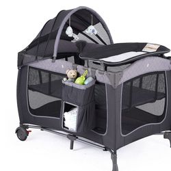 Pamo Babe Unisex Portable Baby Play Yard Include Wheels, Canopy, Changing Table for Newborn(Grey)