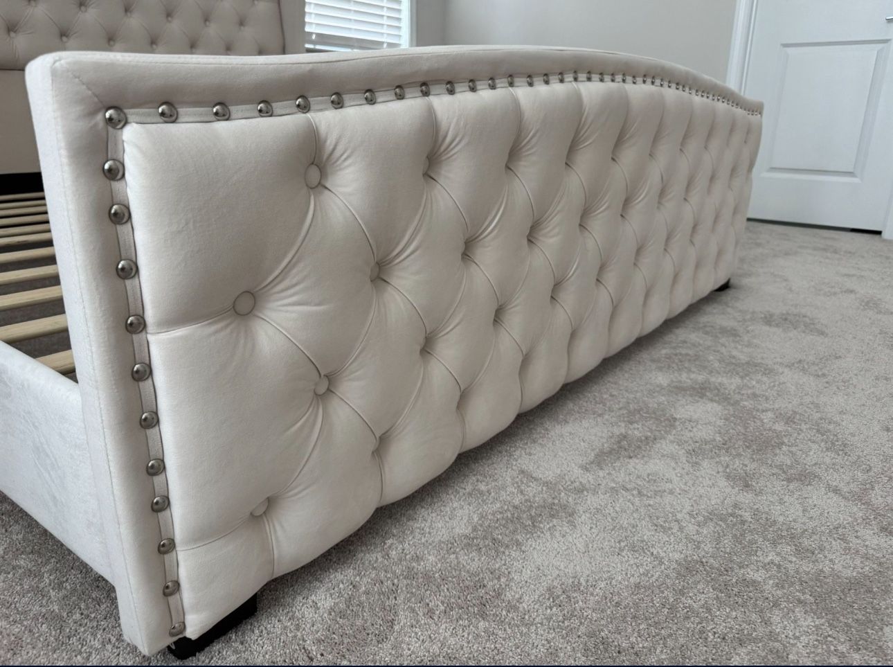California King Deep Button Tufted Upholstered Bed with Nailhead Trim Wingback Headboard