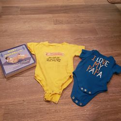 For New Dad:  Baby Barbells Book & Two Onesies