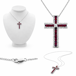 18k White Gold Cross Pendant with Diamonds and Rubies with 14" Necklace.