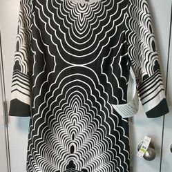 Nine West Black & White Scuba-Style Dress NWT Geometric Print, ¾ Sleeves. Sz 4