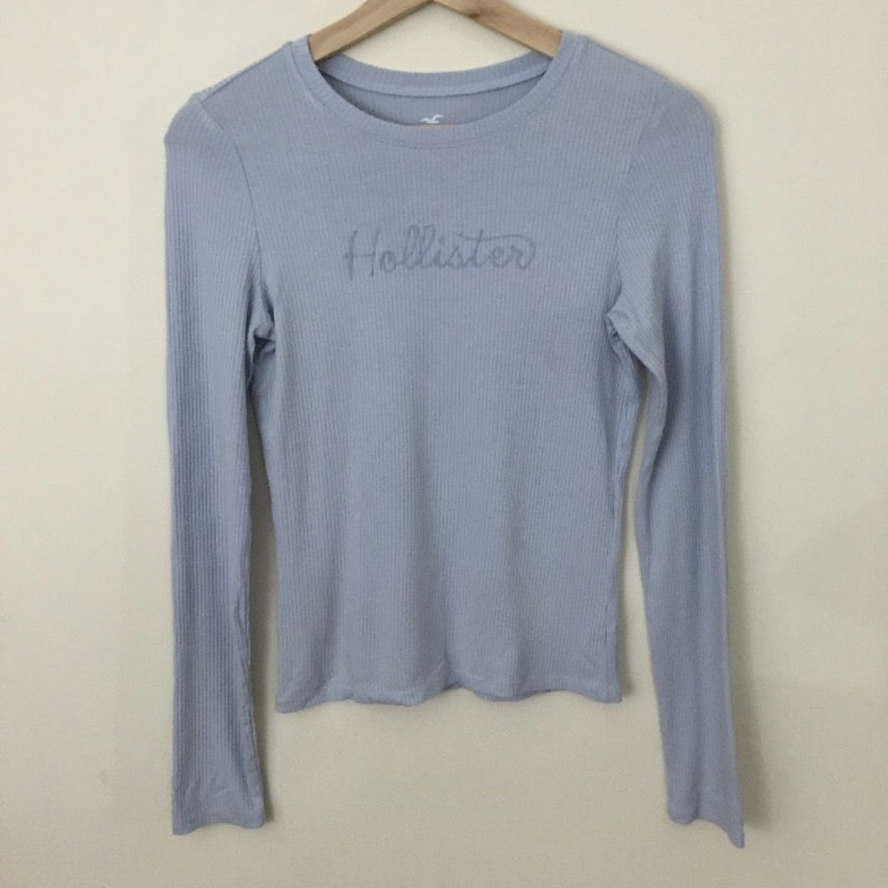 HOLLISTER Light Baby Blue Ribbed Tight Embroidered Long Sleeve Top