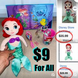 $9 Disney bundle Ariel Princess 👑 Doll,Crown,hair brush,ring,etc
