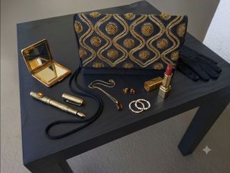 Vtg Courtenay Crossbody Handbag Black Satin Gold Beaded Star Motif Clutch Bag