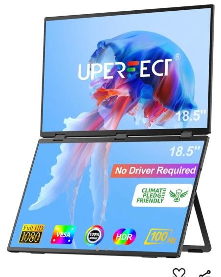 UPERFECT Delta 18.5" 100Hz Dual Monitor Portable Monitor for Laptop Screen Extender 1080P HDR 360° Folding Stacked Triple Monitor with Stand & VESA fo