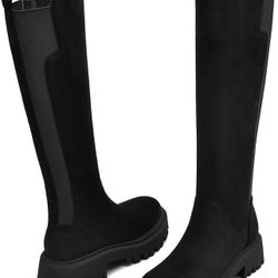 Women's Knee High Boots Fashion Platform Lug Sole Tall Riding Boots Comfortable Stretch Calf Dress Long Boots（black suede 6.5，or 7.5）