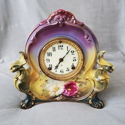 ANTIQUE ANSONIA PORCELAIN MANTEL CLOCK-ROYAL BONN-"LA CHARNY"-HAND PAINTED