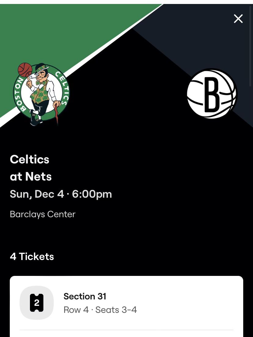 Boston Celtics @ Brooklyn Nets Tickets 12/4/22 Section 31 Row 4