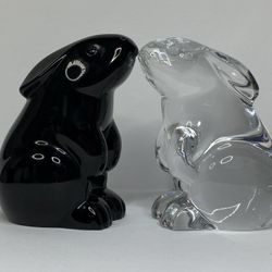Baccarat Crystal Rabbits Clear & Black Art Glass Animals France A679