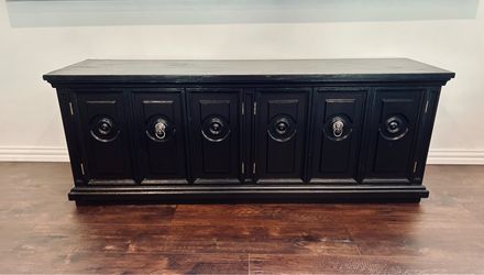 Vtg Black Oak Wood Sideboard Buffet, 6-Door Raised Panel Freestanding Cabinet