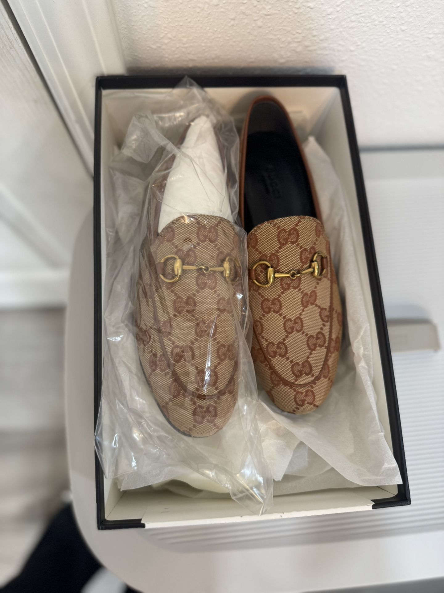 Gucci Women's Tan GG Loafers with Gold Accents