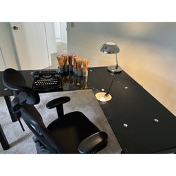 Glass L shape desk & ergonomic desk chair
