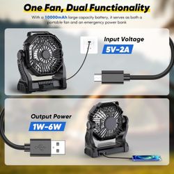 Camping Fan Rechargeable, Real 10000mAh Battery Powered Portable Fan with LED Light and Hook, Battery Operated Fan 10-Inch, USB Outdoor Portable Fans 
