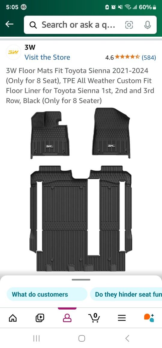 Toyoto Sienna 8P Floor Mat Brand Box Still Close