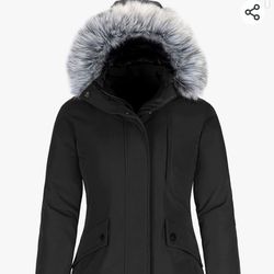 Wantdo Black Large Women's Down Jacket Water Resistant Fur Hood Parka
