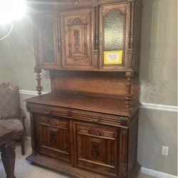 Antique Hutch Brown Wood Cabinet with Carved Glass Doors and Raised Panels 