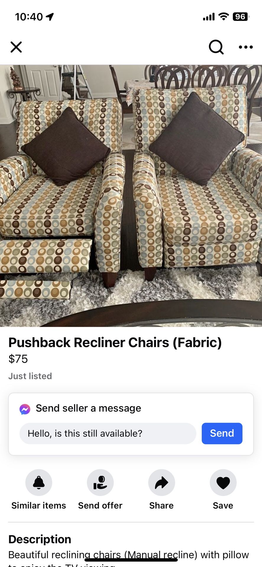 Push Back Reclining Sofas ( $100 Each) With Pillows