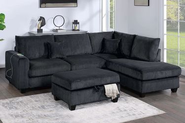 Sectional Sofa W Storage Ottoman, USB port, Right Chaise, Black Corduroy fabric, New Especial price