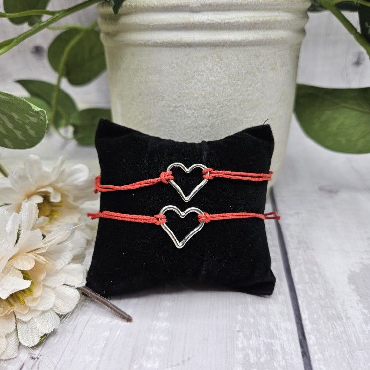 2 Silver red Heart Valentine adjustable bracelets or anklets